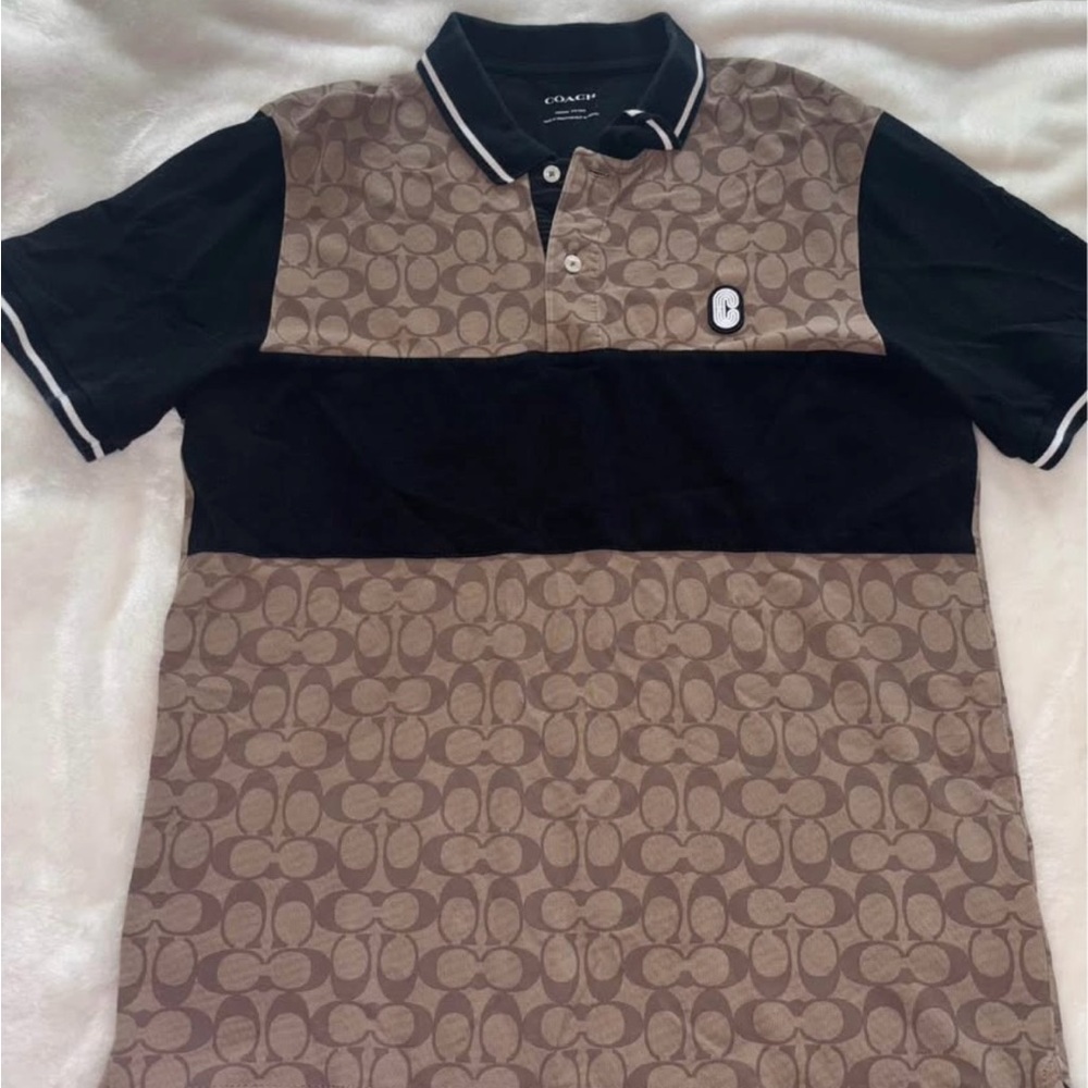Coach Men's Tan and Black Patterned Polo Shirt